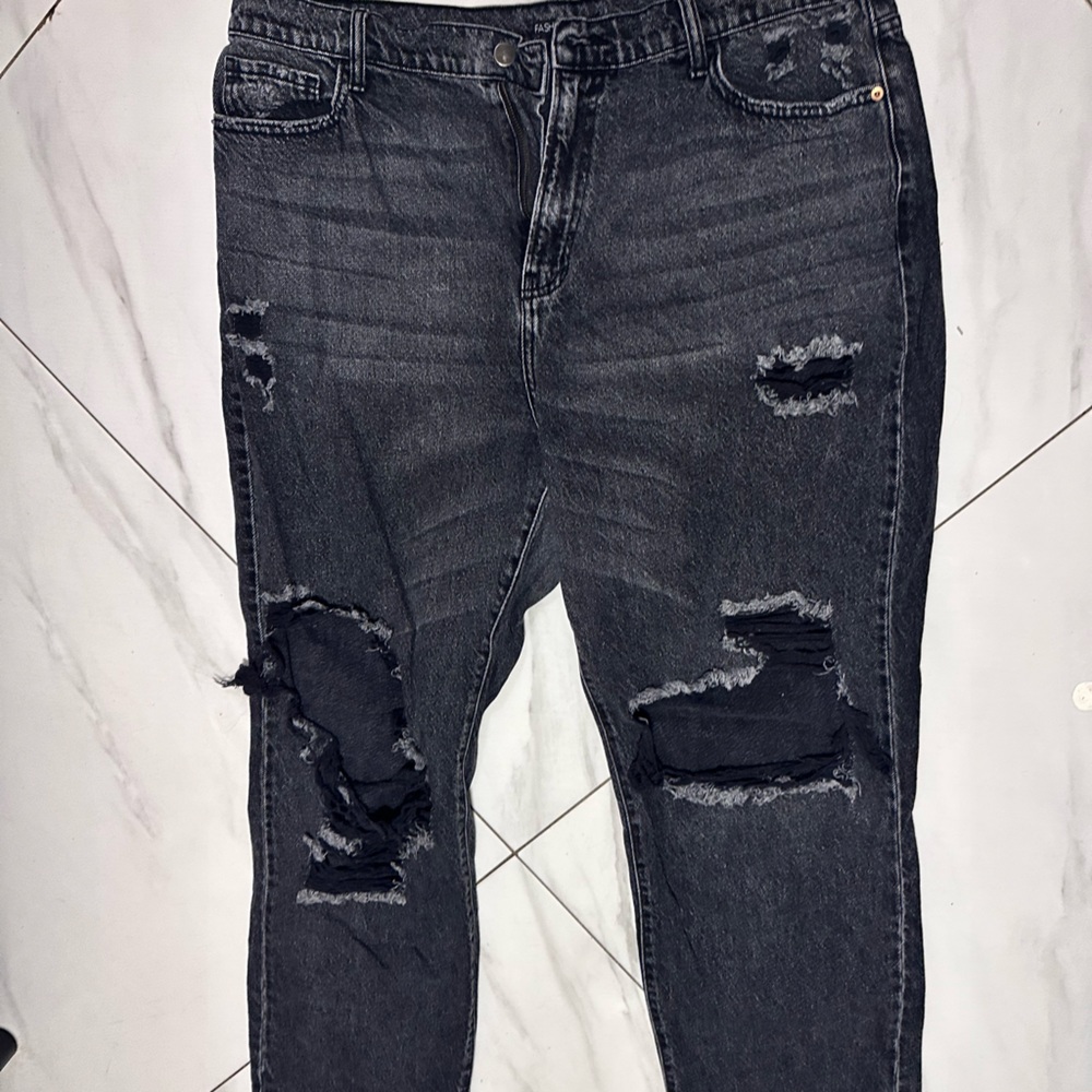 Distressed high rise black jeans